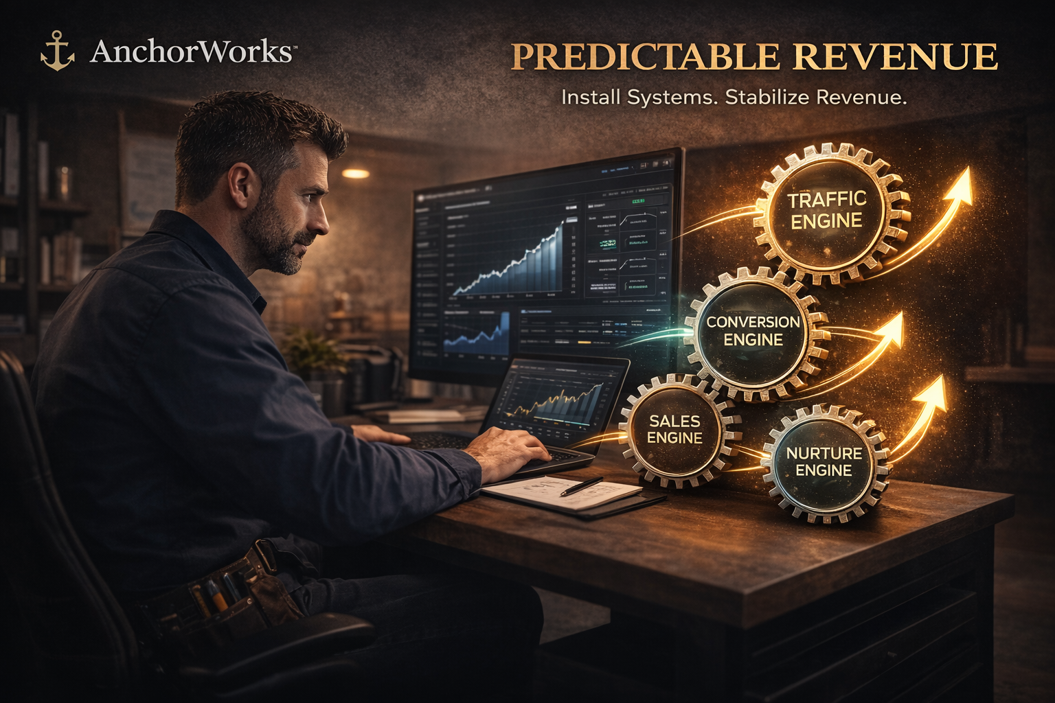 The AnchorWorks Predictable Revenue Engine — Traffic, Conversion, Sales and Nurture engines driving predictable revenue